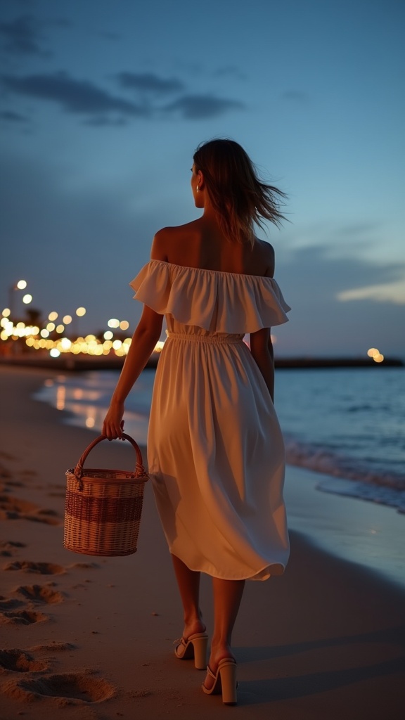 A stylish solo look a woman in a tailored off-shoulder midi dress with a slight flare, walking along the shoreline at dusk carrying a wicker picnic basket, with fairy lights overhead and the first stars appearing