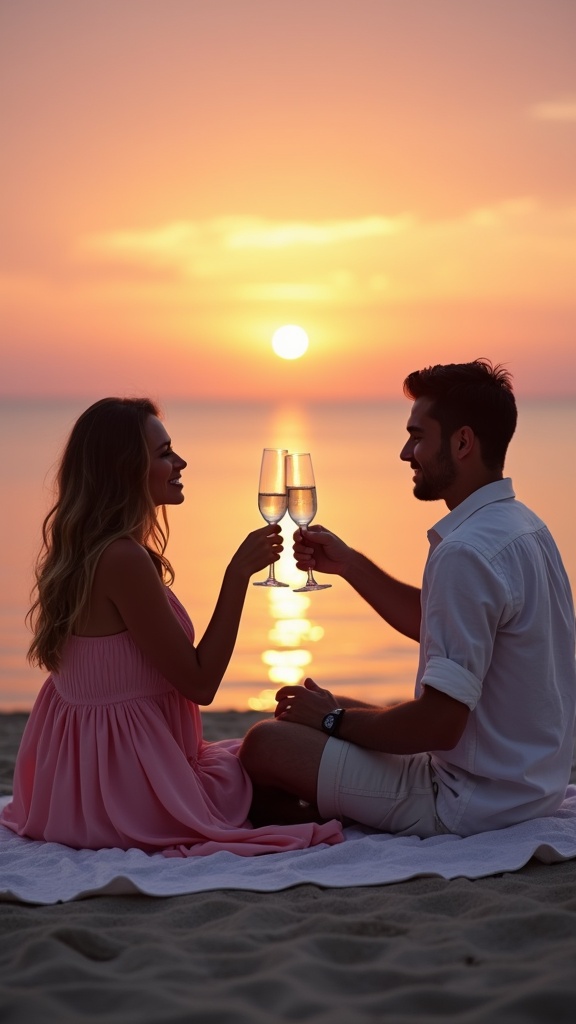 A sunset photo of a couple on a blanket by the water the woman in a flowy pink sundress and the man in a light shirt, both barefoot, toasting with sparkling wine as the sky glows lavender and gold