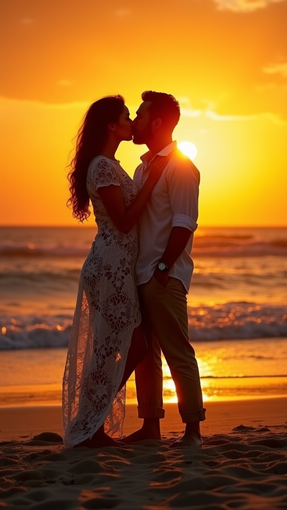 A sunset silhouette a couple kissing by the shore, her in a lace kaftan and him in neutral linen pants and white shirt
