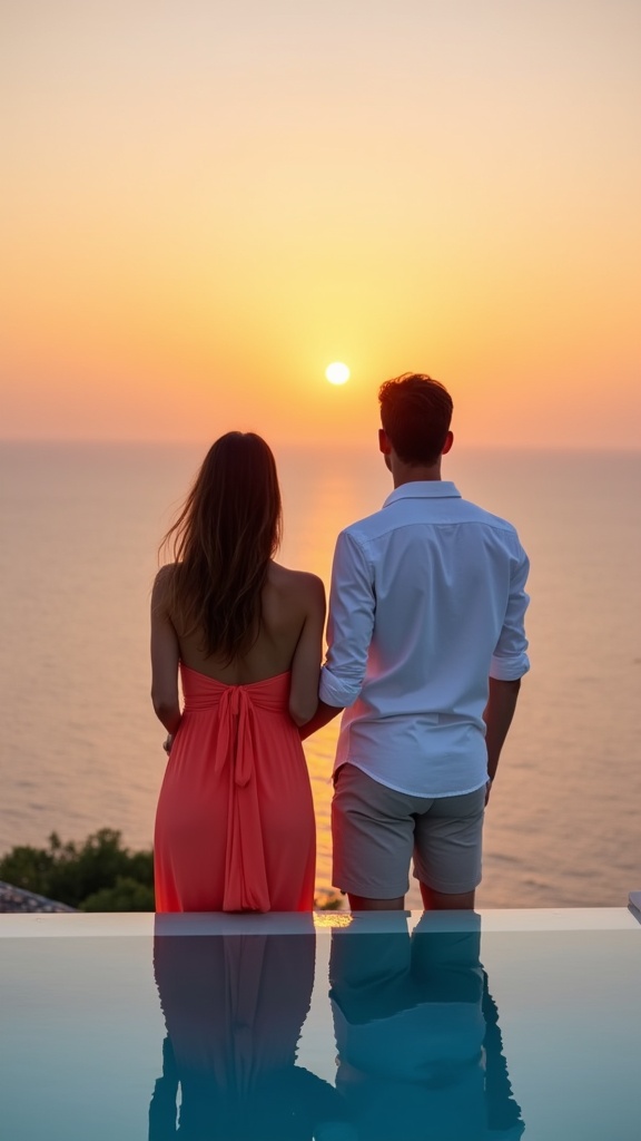A sunset terrace photo a couple at an infinity pool’s edge