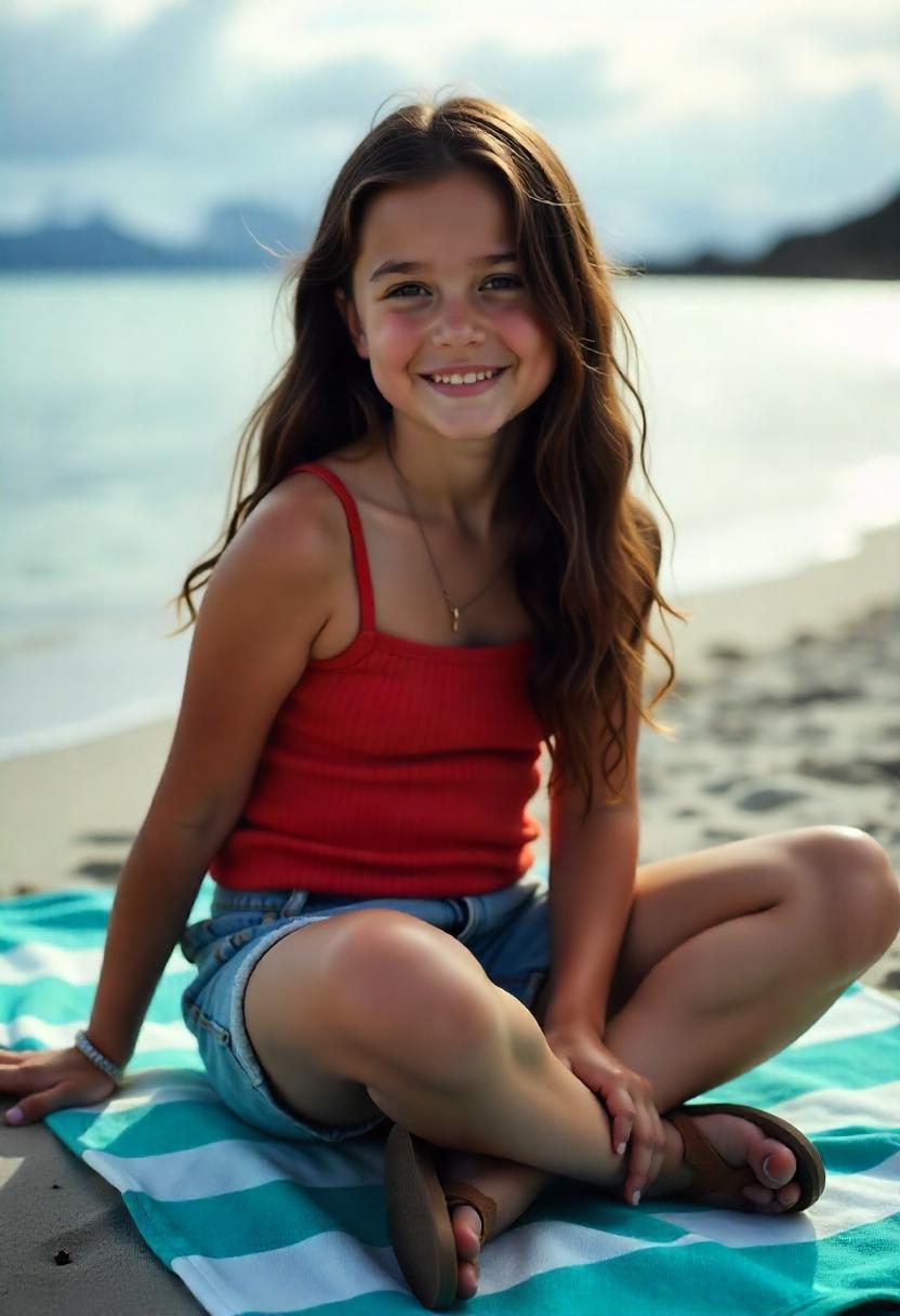 A teen girl in rolled-up light-wash denim shorts