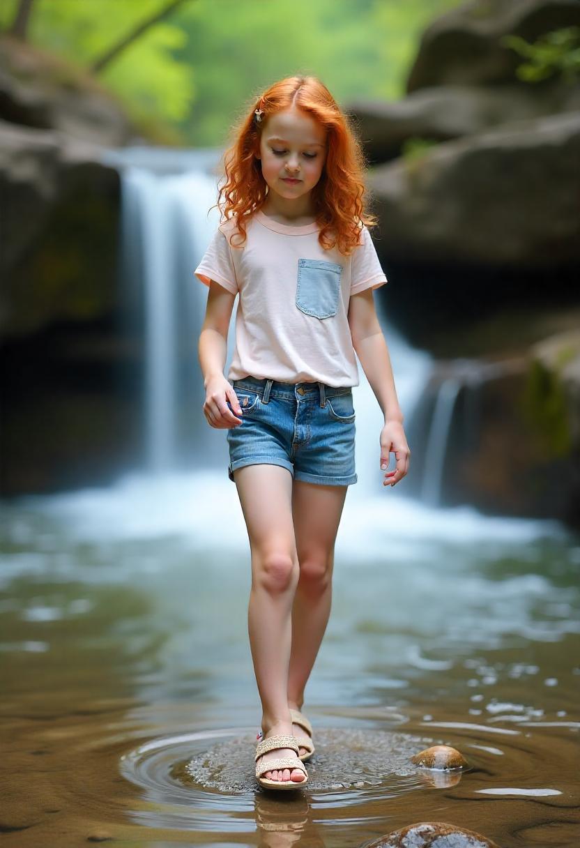 A teen girl with curly hair in mid-rise blue jean shorts