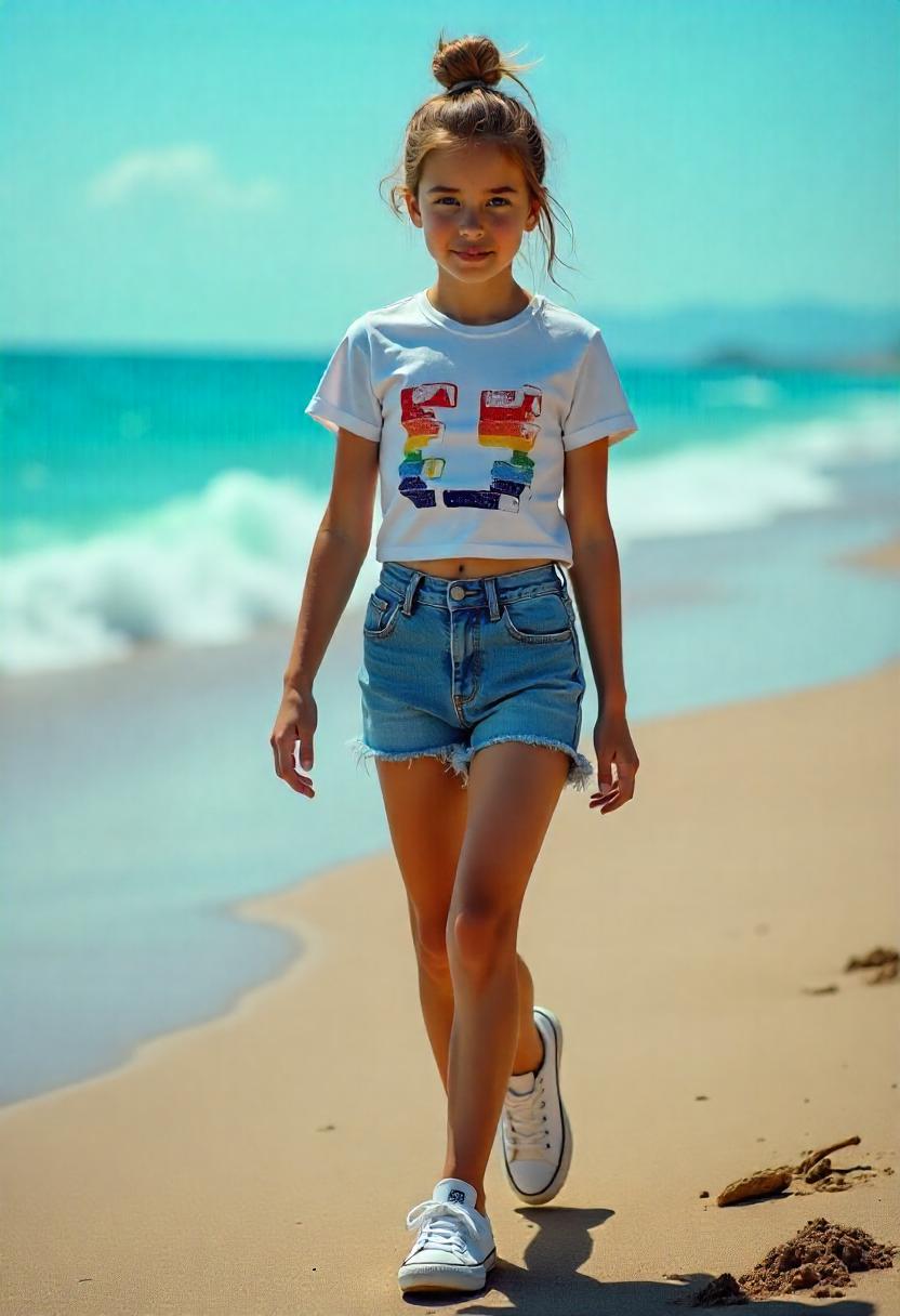 A teenage girl wearing high-waisted frayed denim shorts