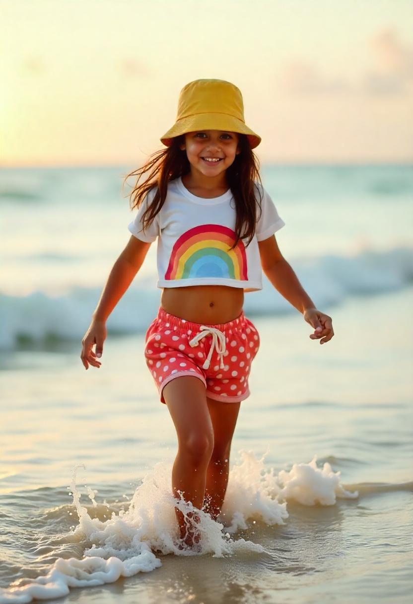 A teenage girl with a yellow bucket hat, cropped beach tee