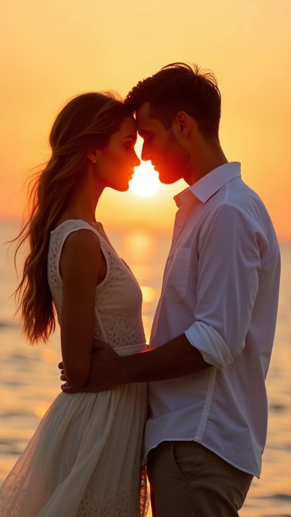 A tender moment bathed in orange light a couple on the beach