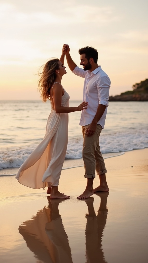 A tender moment on the beach at sunset a couple sharing a dance barefoot in the sand, the woman in a flowing off-white dress with delicate lace straps and the man in rolled-up khaki pants and a white shirt, with pastel sky reflecting on the water