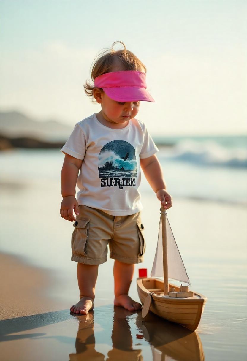 A toddler boy in a surfer graphic t-shirt, khaki cargo shorts
