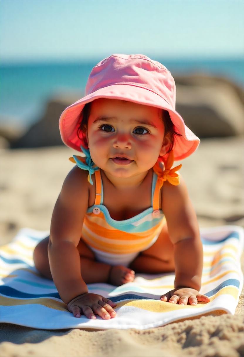 A toddler girl in a colorful ruffle one-piece with a floppy hat