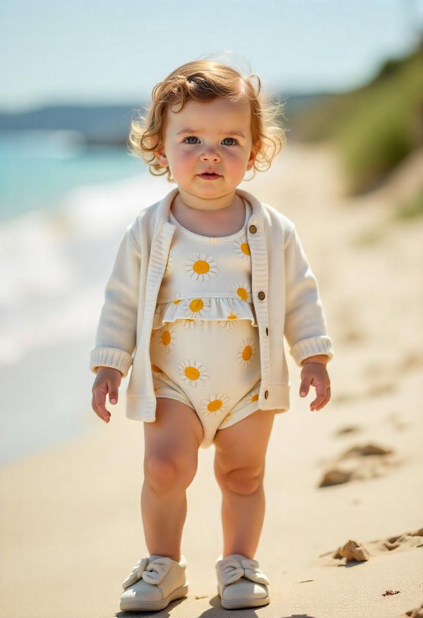 A toddler girl wearing a daisy print ruffle romper