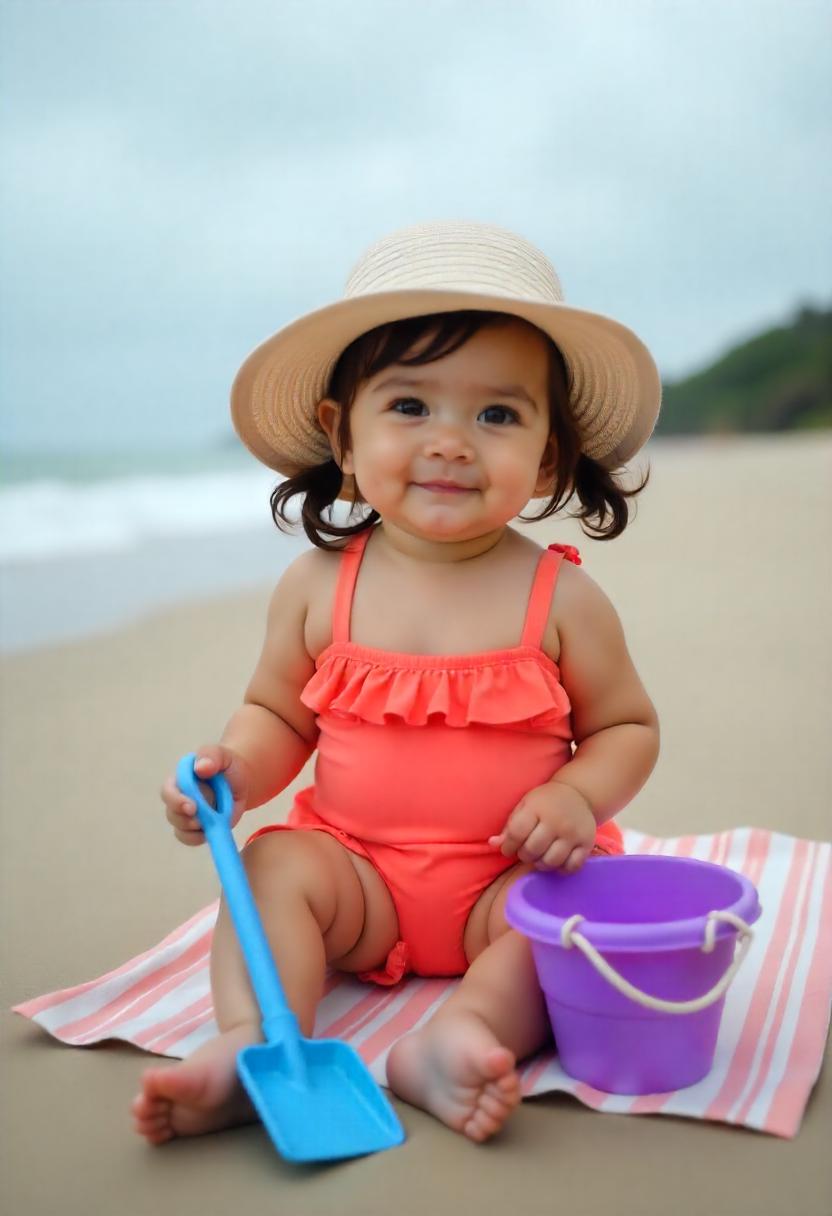 A toddler in a coral ruffled tankini and polka-dot sun hat