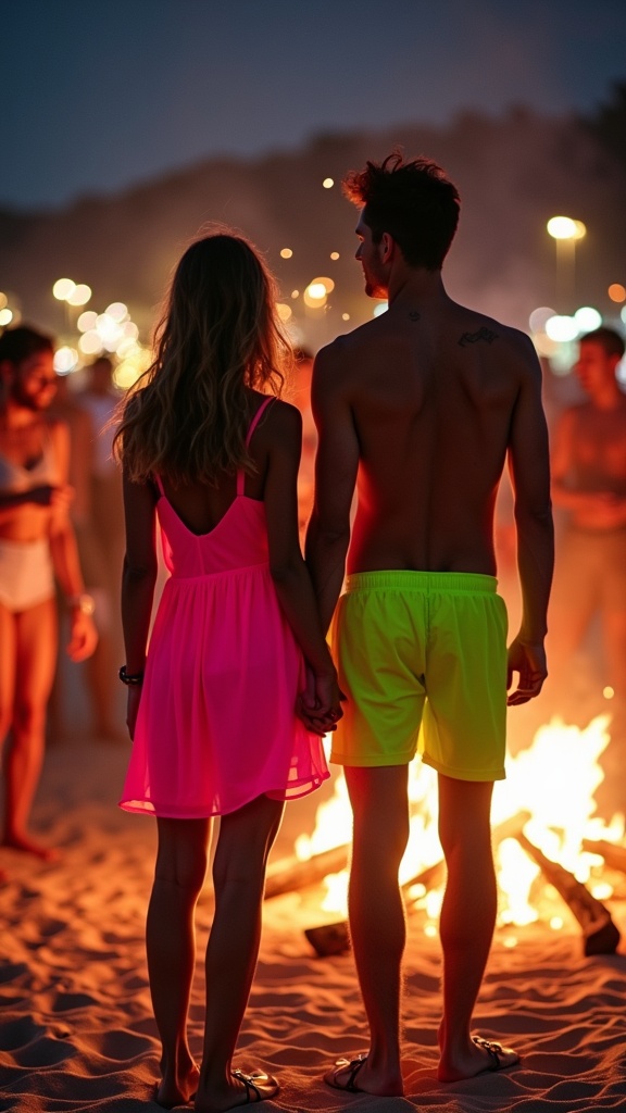 A vibrant beach party photo friends at a bonfire but focus on a couple wearing coordinating neon outfits
