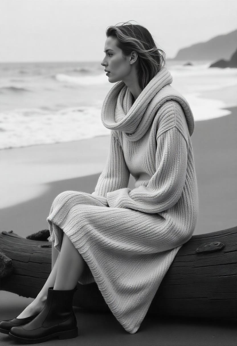 A white woman in a chunky rib-knit midi dress, oversized scarf wrap,