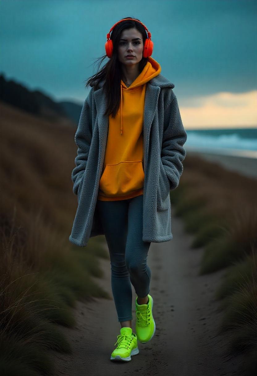 A white woman in a teddy coat over leggings and a hoodie