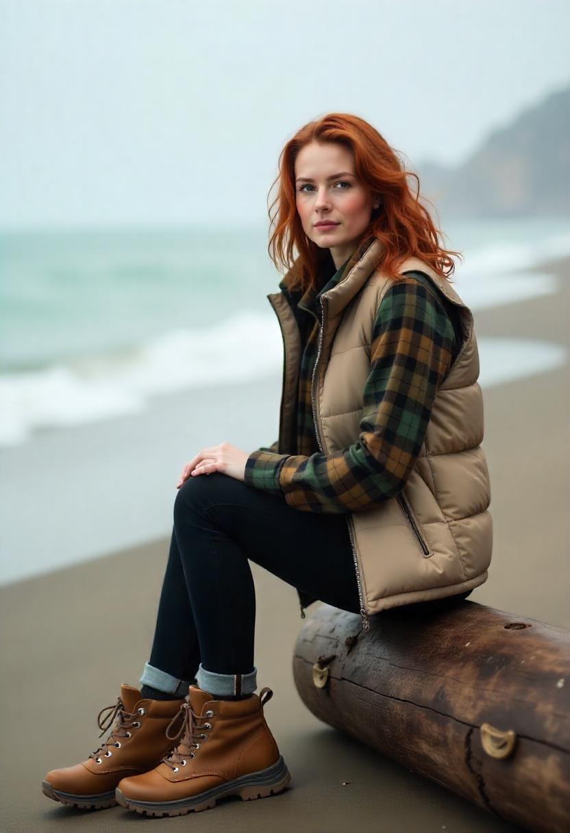 A white woman in cuffed jeans, flannel button-down layered under a puffer vest