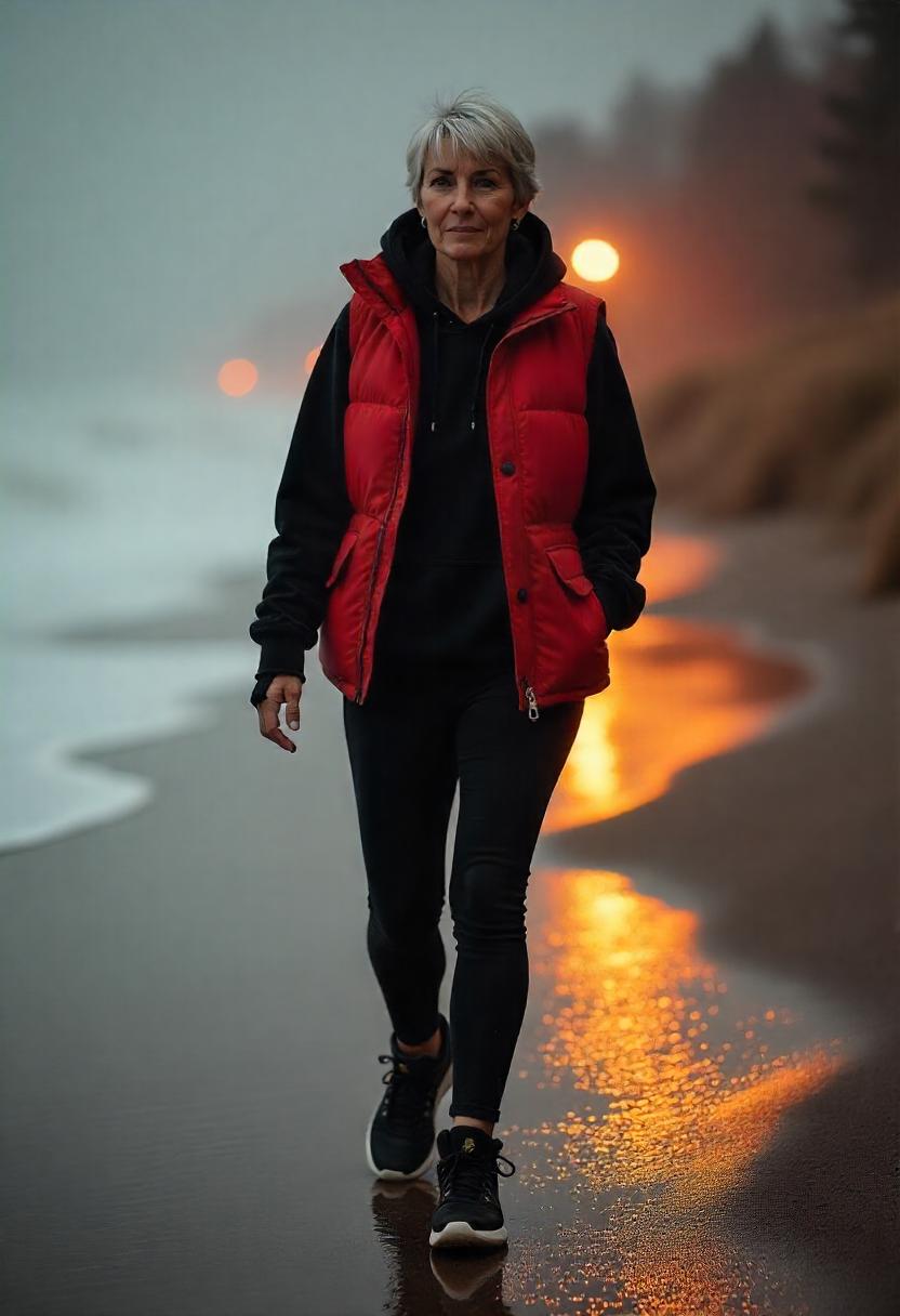 A white woman in fleece-lined black leggings, oversized hoodie