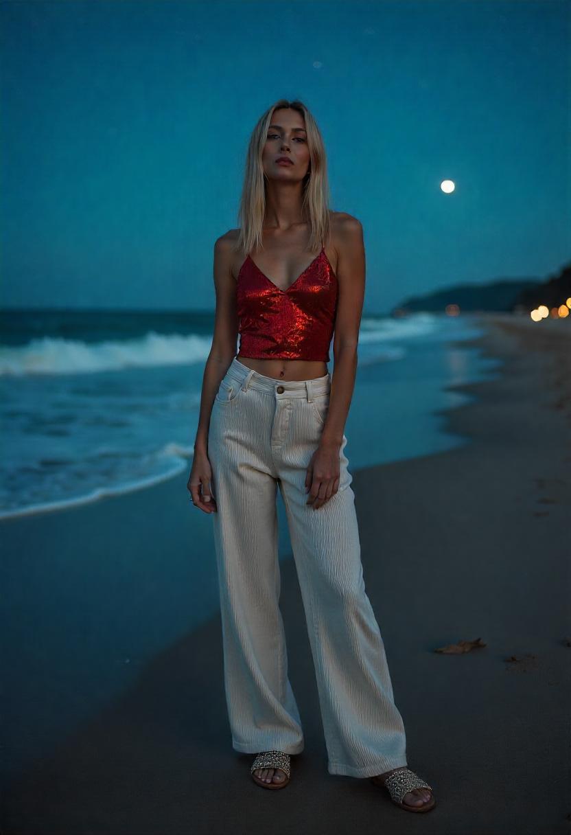 A white woman in her mid-30s wearing wide-leg white trousers