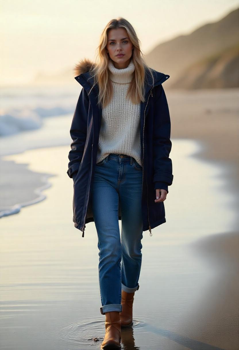 A white woman in straight-leg high-rise jeans, cozy knit turtleneck