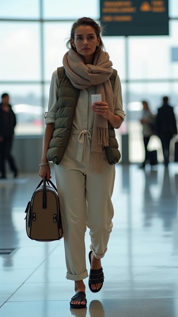 A woman approaching the airport gate in a cotton jumpsuit layered with a scarf wrap