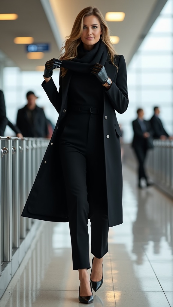 A woman at the airport gate in a sleek black jumpsuit