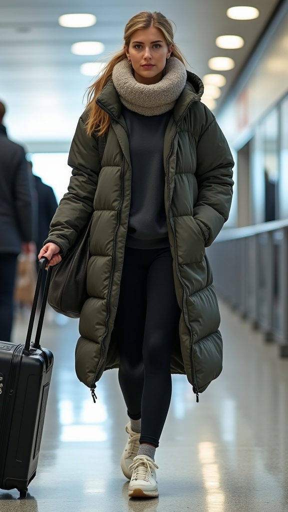 A woman at the airport gate in fleece-lined black leggings, an oversized crewneck sweatshirt