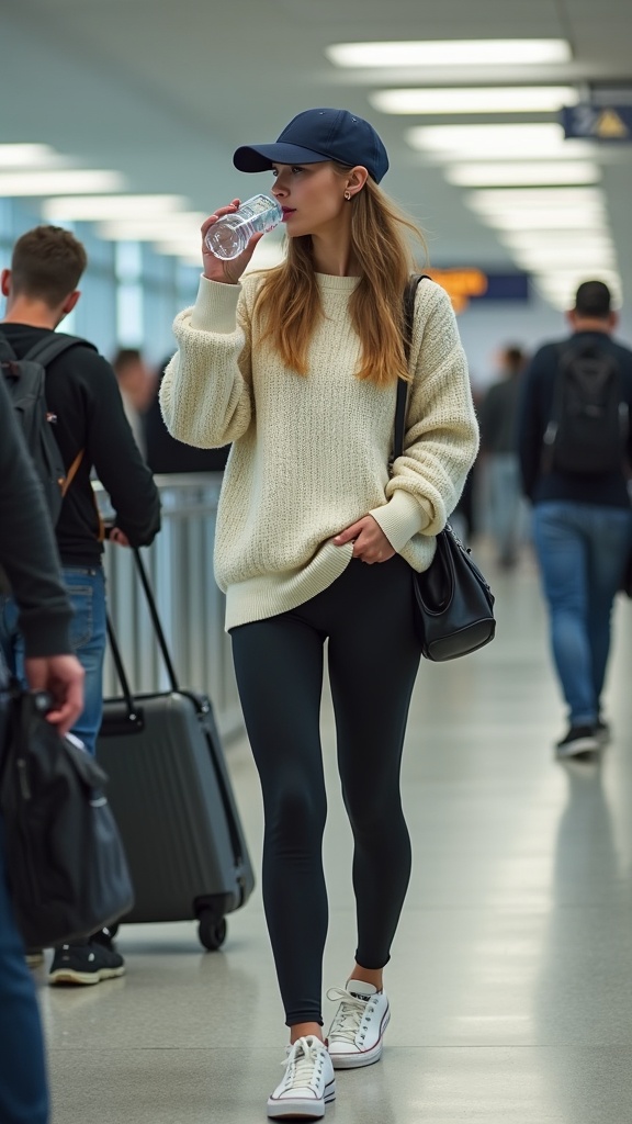 A woman at the boarding gate in cotton leggings, a relaxed-fit sweater