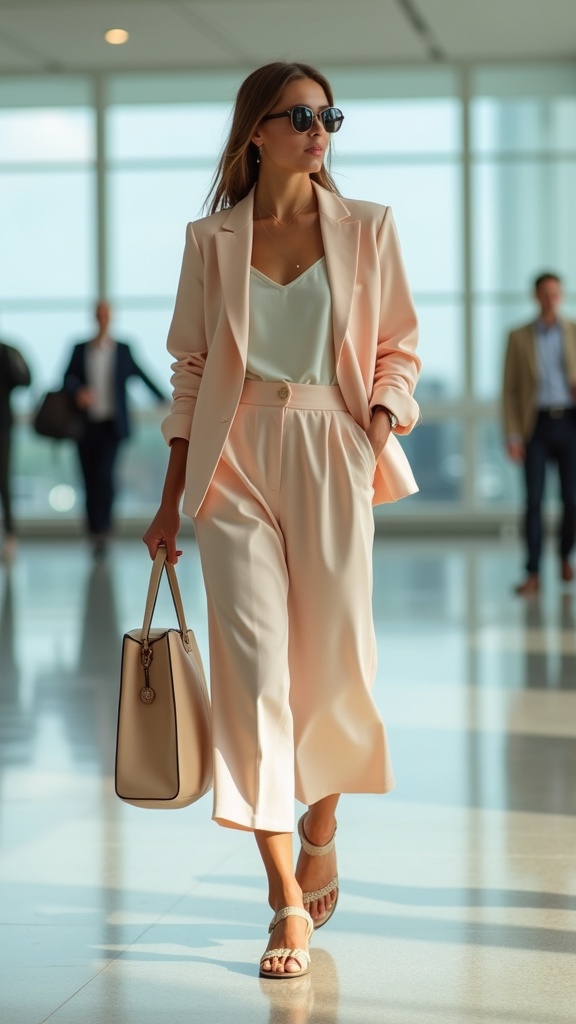 A woman boarding her flight in culottes, a camisole, a pastel blazer