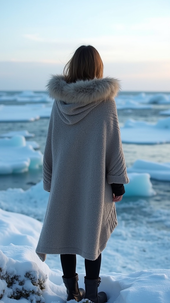 A woman bundled in a cozy poncho and warm leggings, staring out at the icy ocean horizon