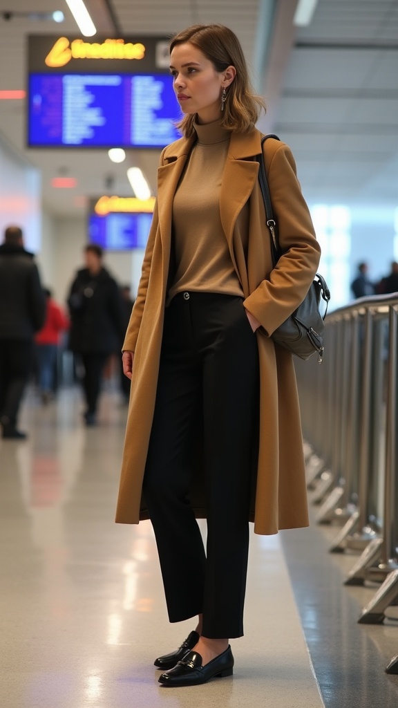 A woman checking the departure screen in black straight-leg pants, a neutral turtleneck