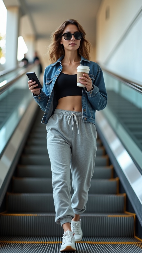 A woman exiting an escalator in jogger pants, a cropped top