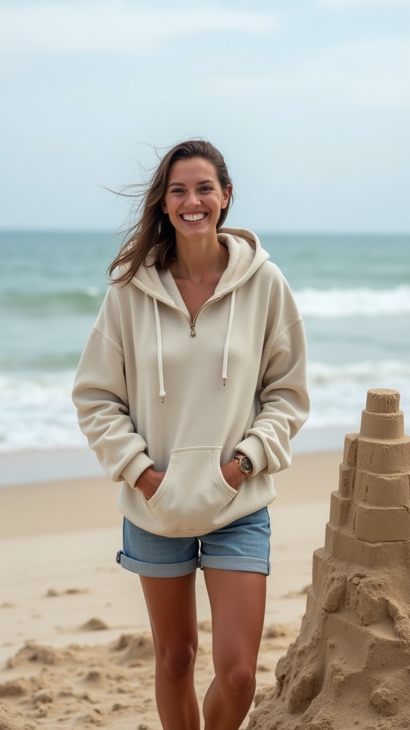 A woman in a beach hoodie and rolled shorts, standing beside a sandcastle with a smile