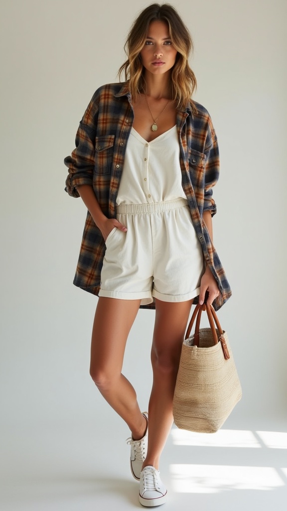 A woman in a cotton romper, paired with an oversized flannel shirt