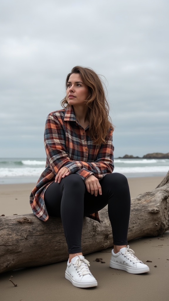 A woman in a flannel shirt and leggings with sneakers, sitting on a log on the beach, with the cloudy sky behind her