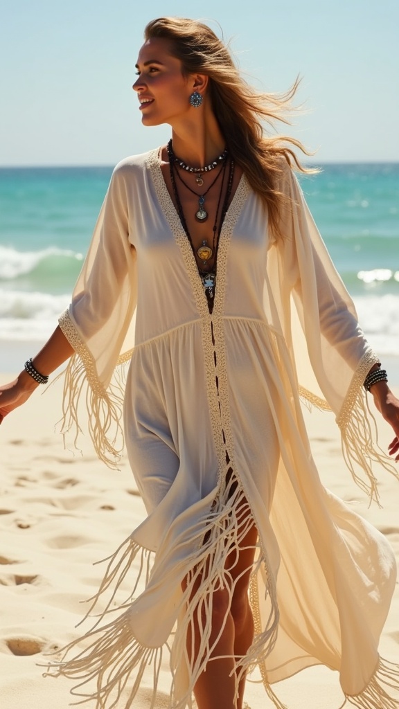A woman in a flowy bohemian kaftan with fringes and tribal jewelry, dancing on the sand