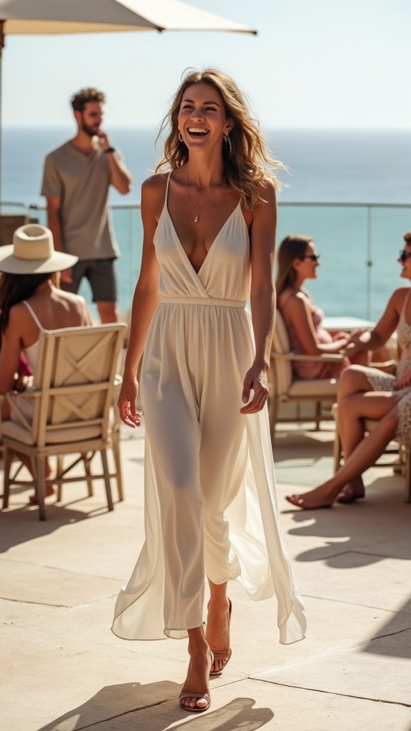 A woman in a flowy chiffon jumpsuit and beach heels, laughing with friends on a terrace
