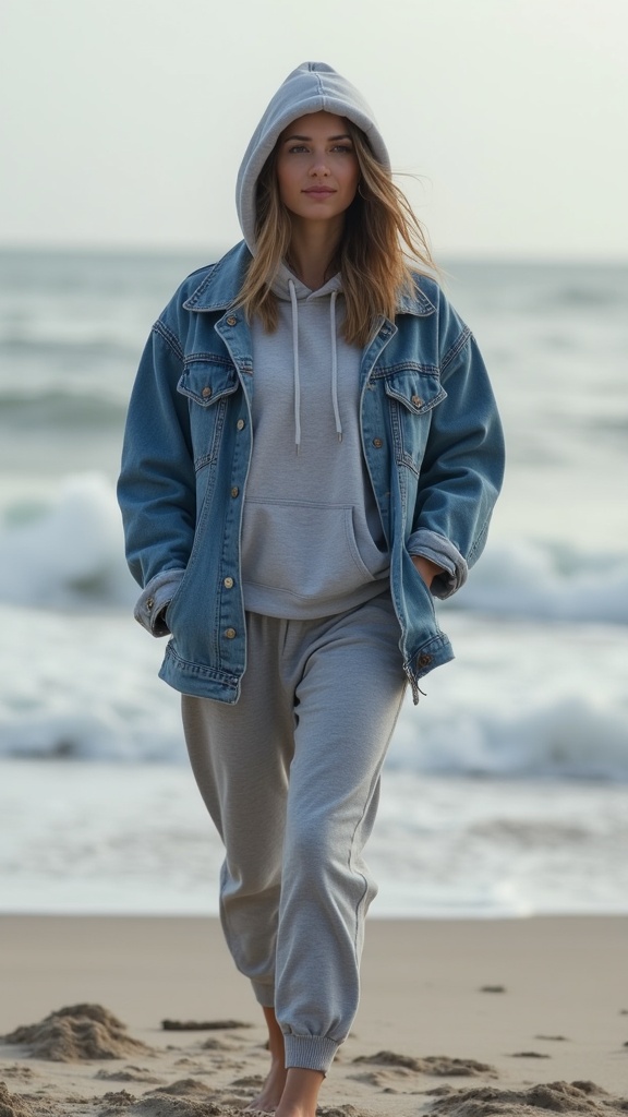 A woman in a hoodie and denim jacket layered over joggers, strolling along a chilly beach