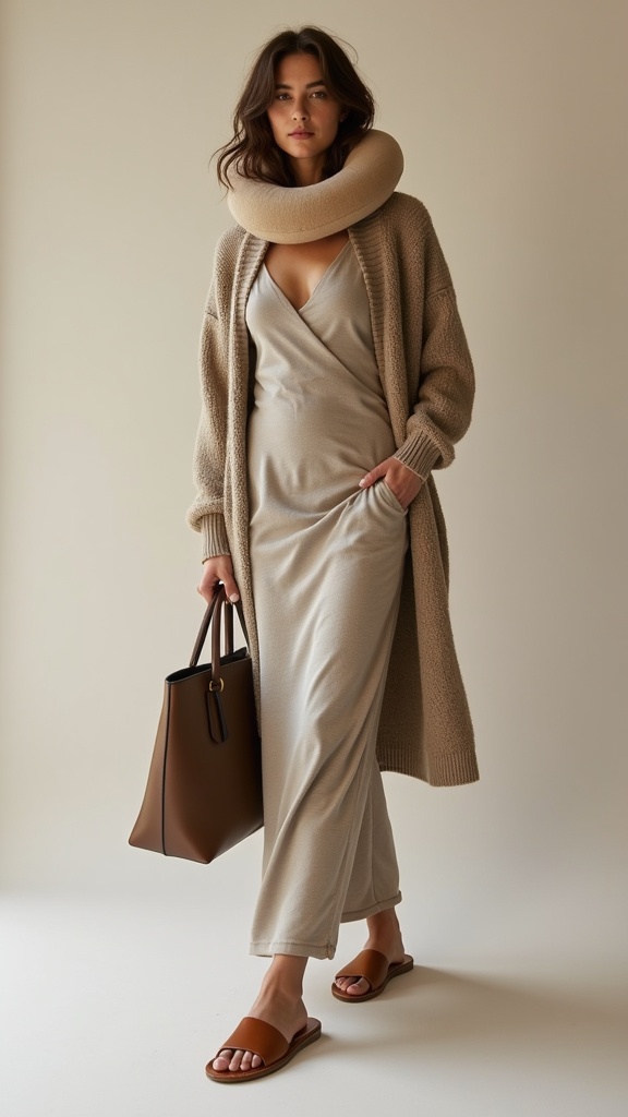 A woman in a jersey maxi dress, with a long cardigan, tan leather slides