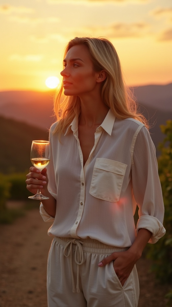 A woman in a linen shirt and relaxed pants, leaning into conversation over wine at sunset