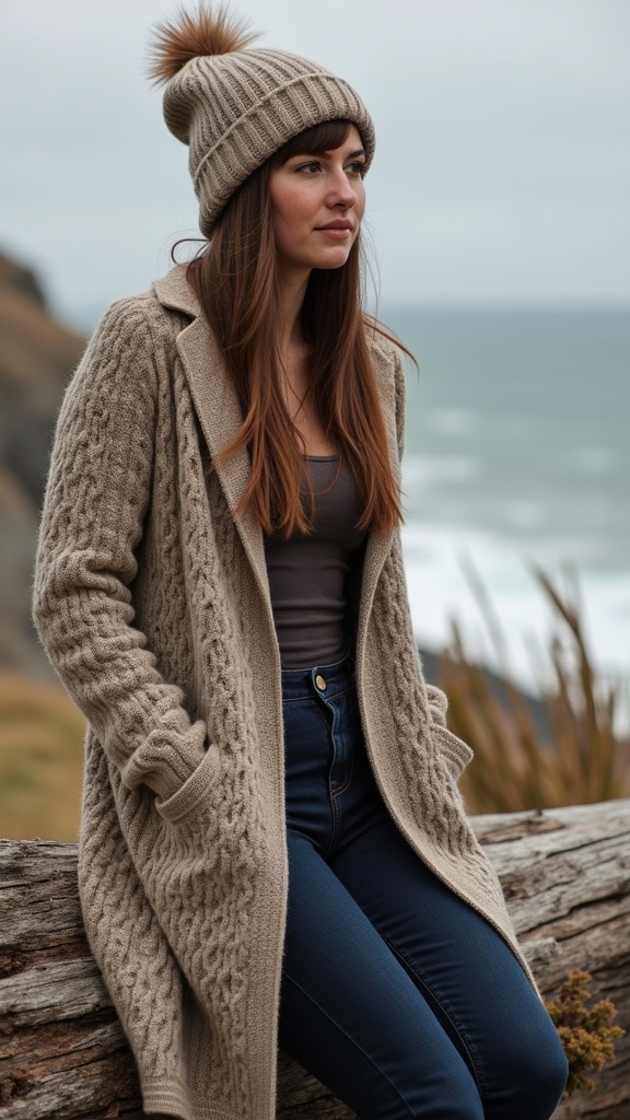 A woman in a long knit cardigan and beanie, sitting on a driftwood log with hands in pockets