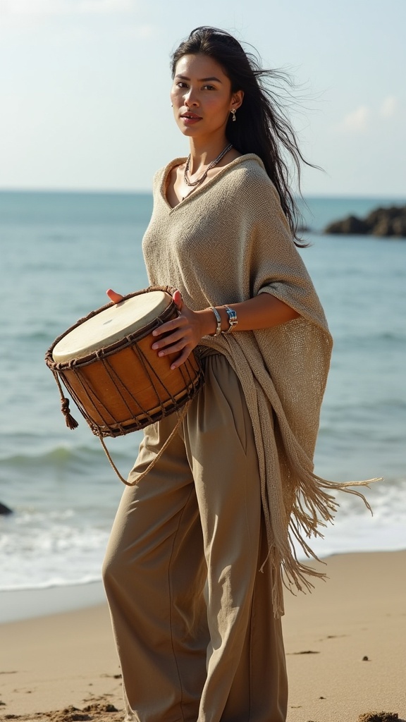 A woman in a loose woven poncho and wide-leg pants, holding a handmade drum near the shore