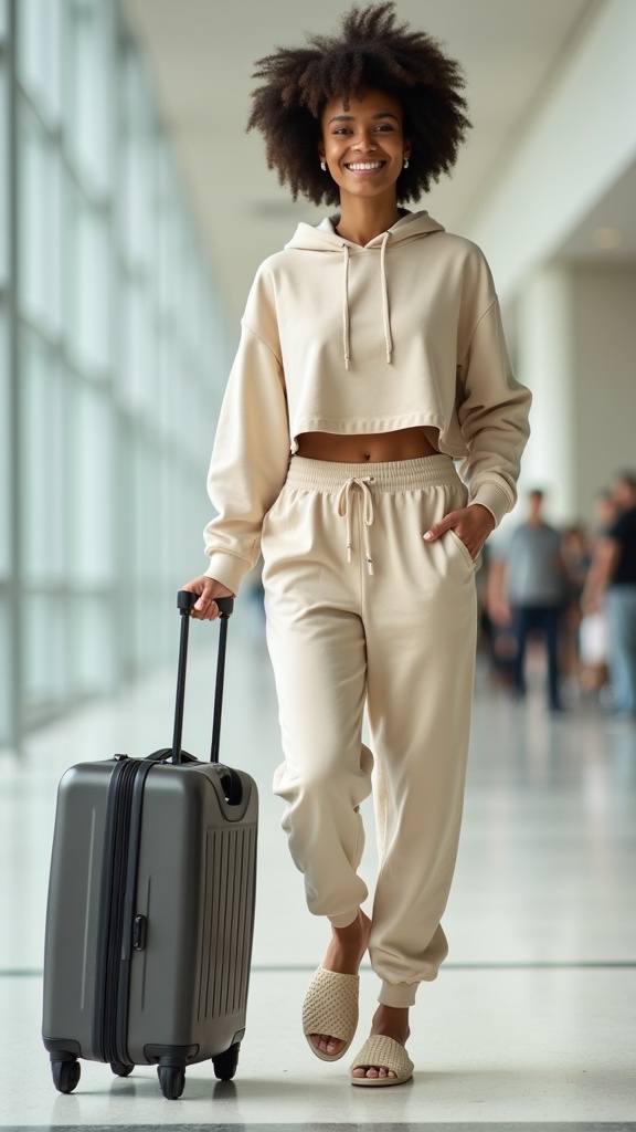 A woman in a monochrome beige airport set with a cropped hoodie