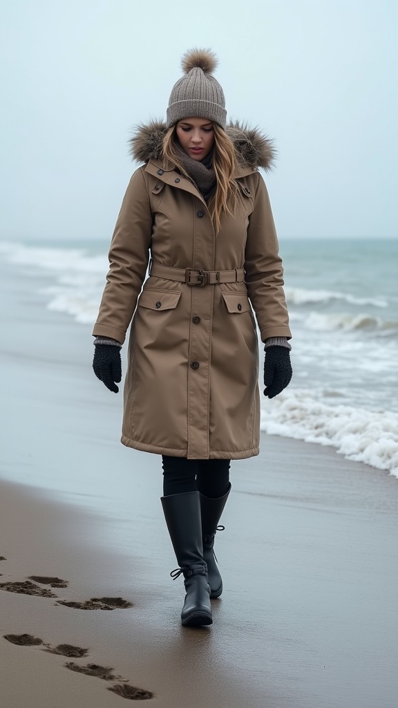 A woman in a parka and gloves, walking briskly across a wintry coastline with footprints in the sand