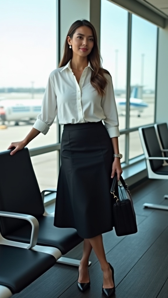 A woman in a tailored midi skirt and crisp button-up shirt