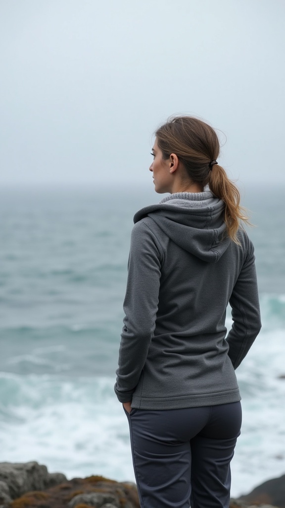 A woman in a thermal long sleeve and fleece-lined pants, looking out over grey ocean waves