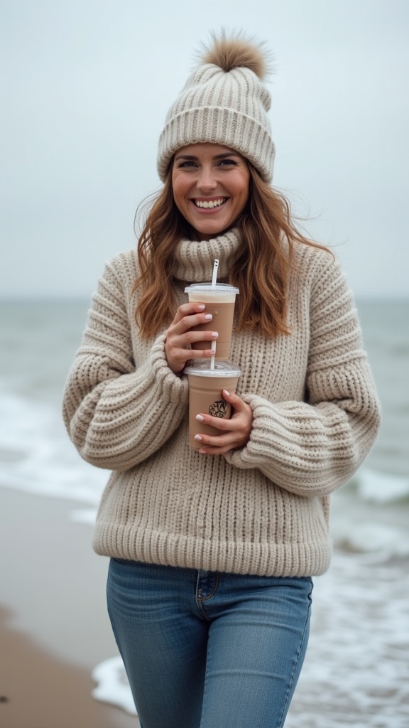 A woman in a thick sweater, jeans, and a knit hat, holding a warm drink while standing on a cold beach