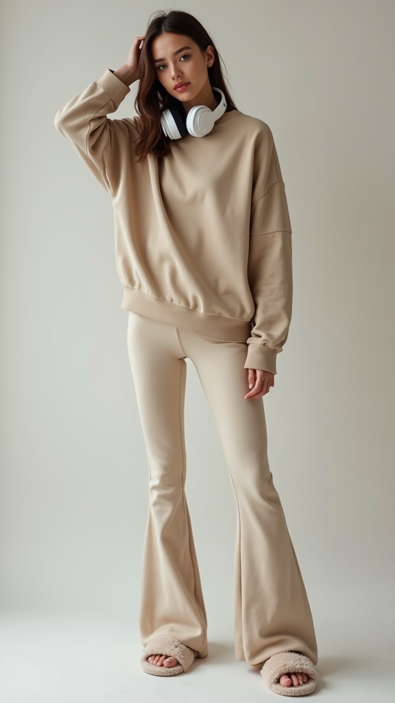 A woman in an oversized crewneck sweatshirt, flared leggings, fluffy slides