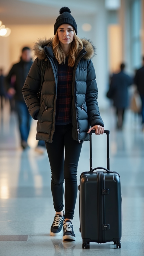 A woman in black jeans, thermal long-sleeve, puffer jacket, beanie