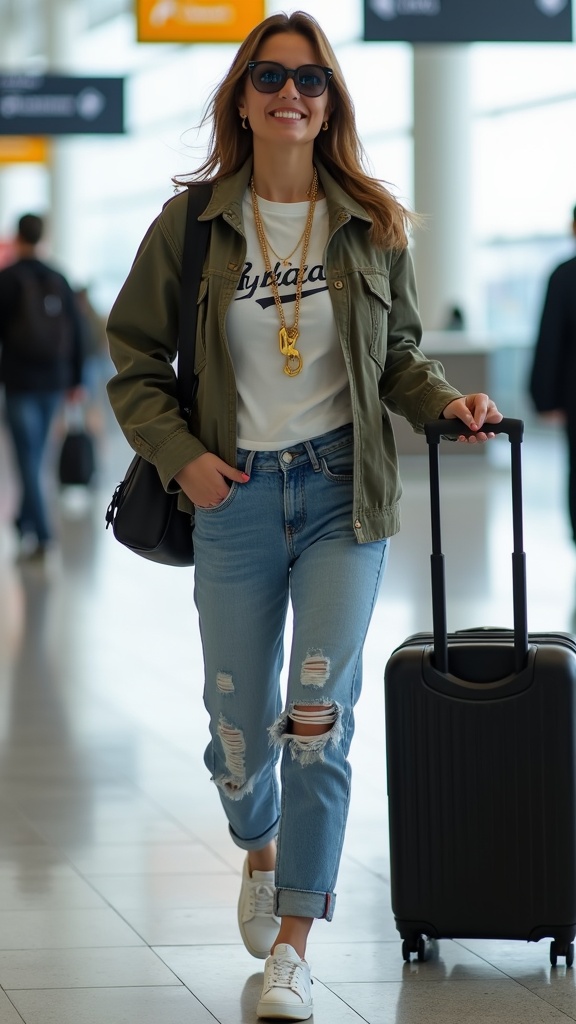 A woman in boyfriend jeans, a tucked-in graphic tee, white trainers, and a utility jacket