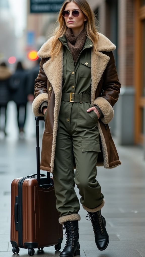 A woman in cargo-style ski pants, a fitted sweater