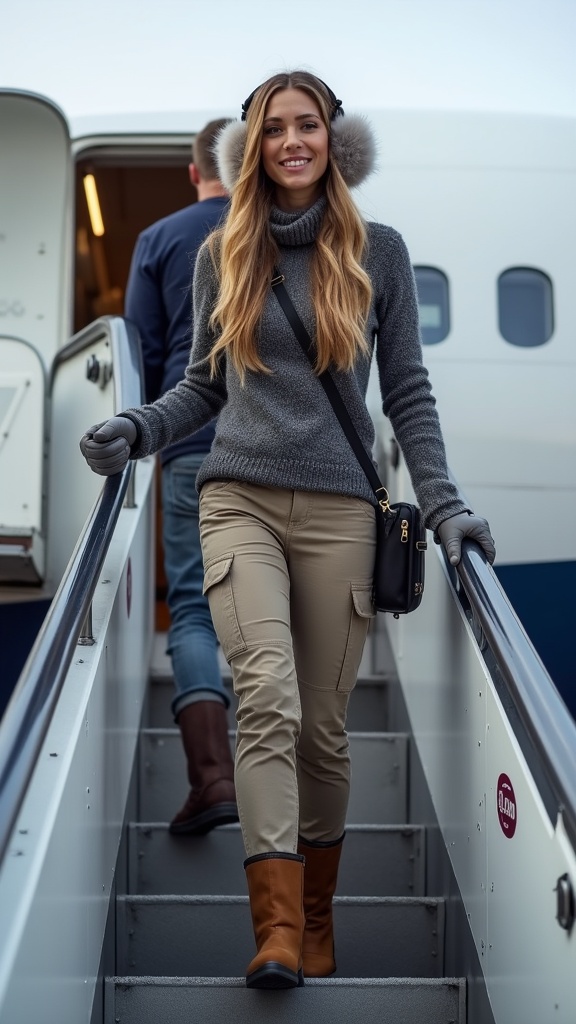 A woman in high-rise thermal leggings, a fleece turtleneck, long wool coat