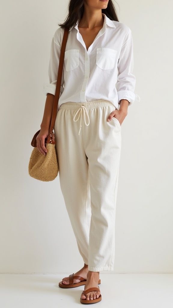 A woman in linen drawstring trousers, a white button-down shirt tucked in